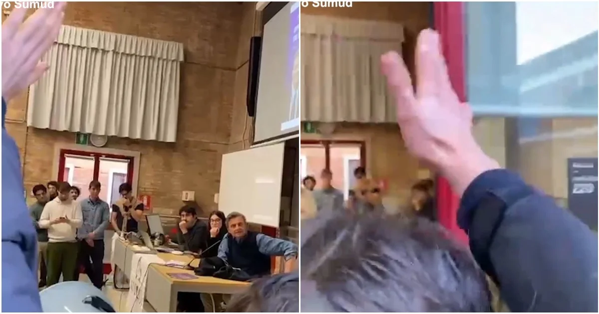 Calenda é contestado na Università Ca' Foscari; vídeo mostra gesto da P38 durante debate