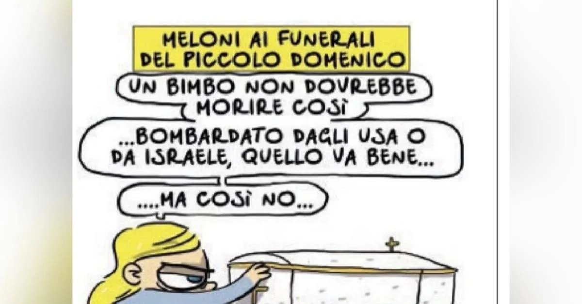 Meloni nos funerais de Domenico: charge de Natangelo provoca polêmica sobre ajuda militar a EUA e Israel